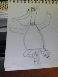 One of the first sketches of Pelican Laney by Laurie (done on a train bound for Willie Nelson concert)