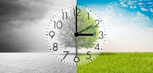 A digital image splittert screen. Half is a Fall scene and half is a Spring scene