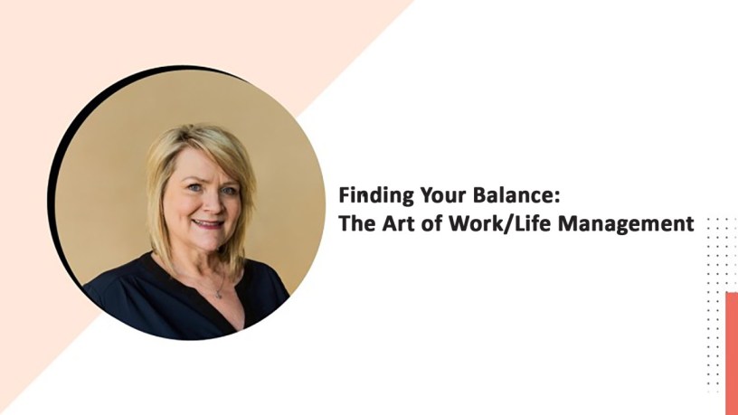 A woman with blonde hair wearing dark top. "Finding Your Balance"