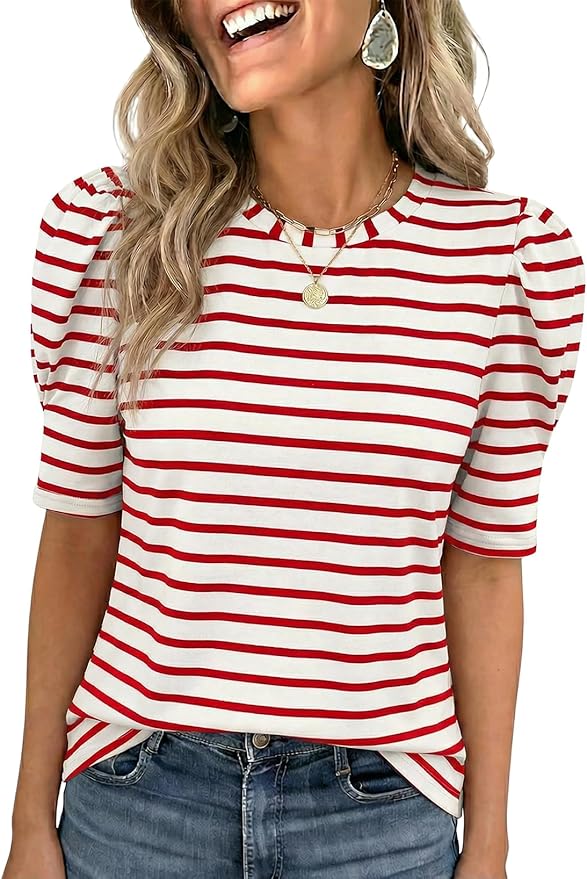 a red and white striped woman's puff sleeved t-shirt