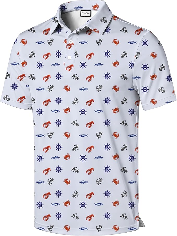 a men's polo shirt with anchors, crabs, and whales