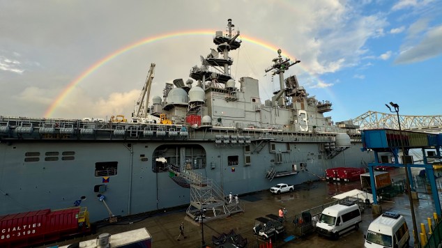 a rainbow over the USS Kearsarge