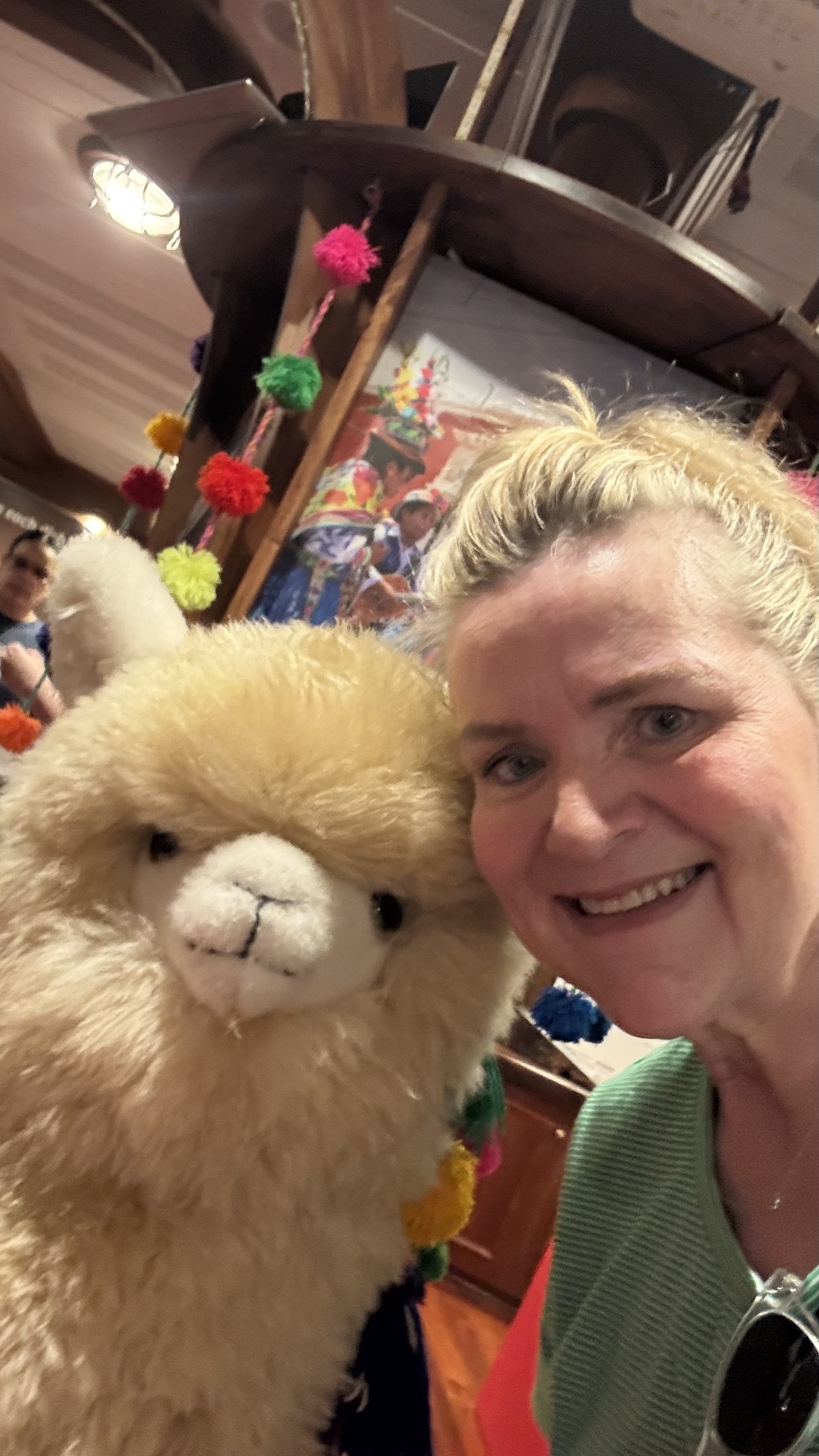 a woman taking a selfie with an alpaca stuffy