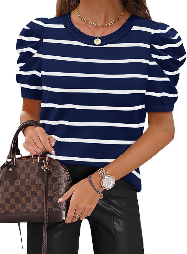 a navy blue and white striped woman's puff sleeved sweater